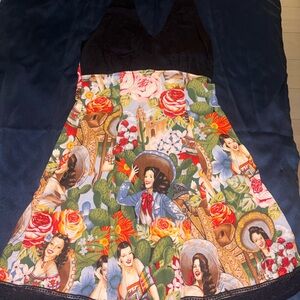 Colorful Backless Dress with Floral and Portrait Print